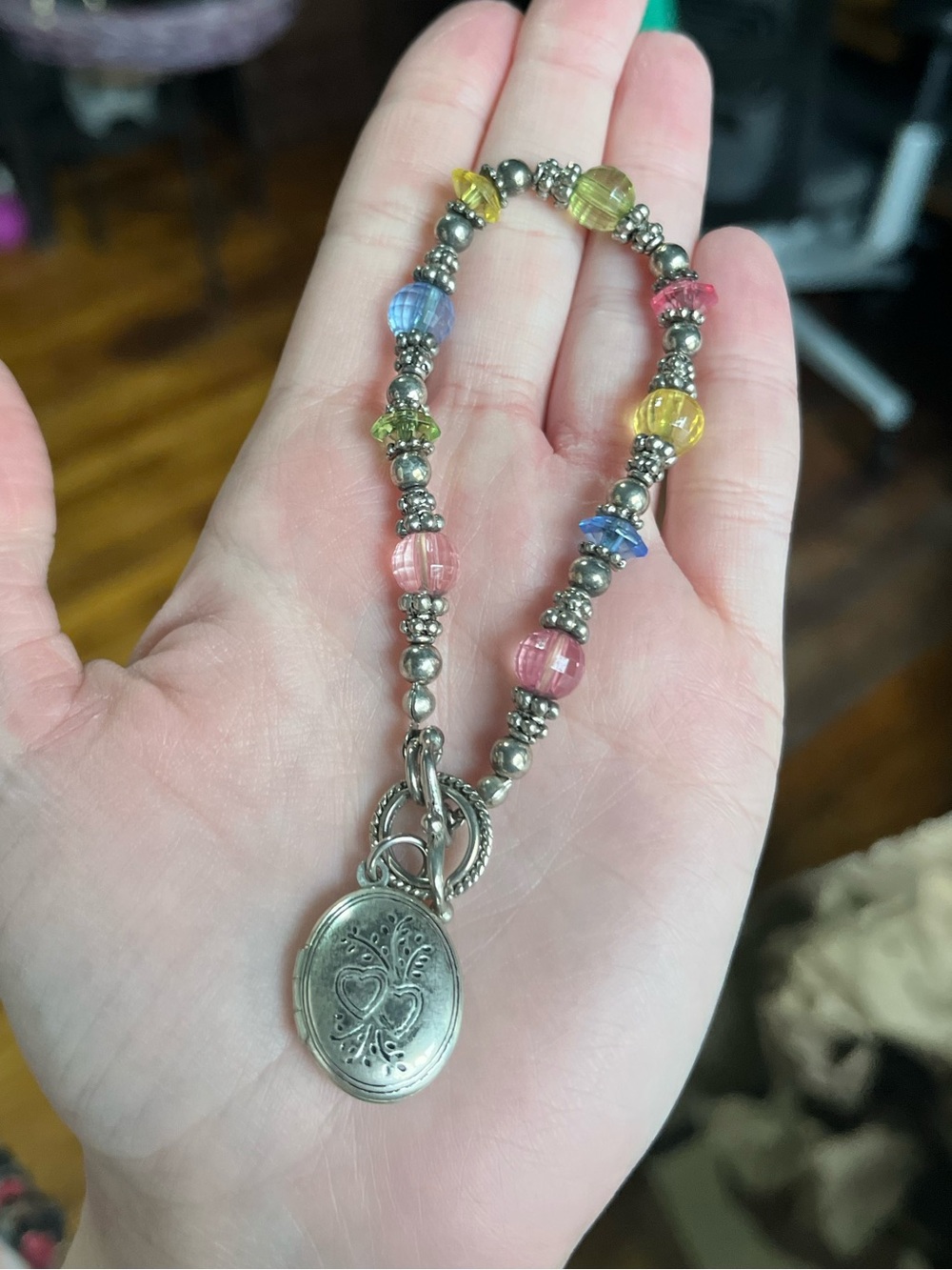 Vintage - Multi-Color Bead Bracelet with Silver Locket